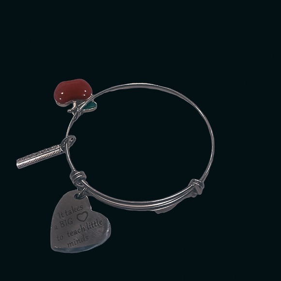 Teacher Gift, Silver Adjustable Bracelet W/ Heart ❤️ Ruler & Apple 🍎 Charm - Picture 2 of 4